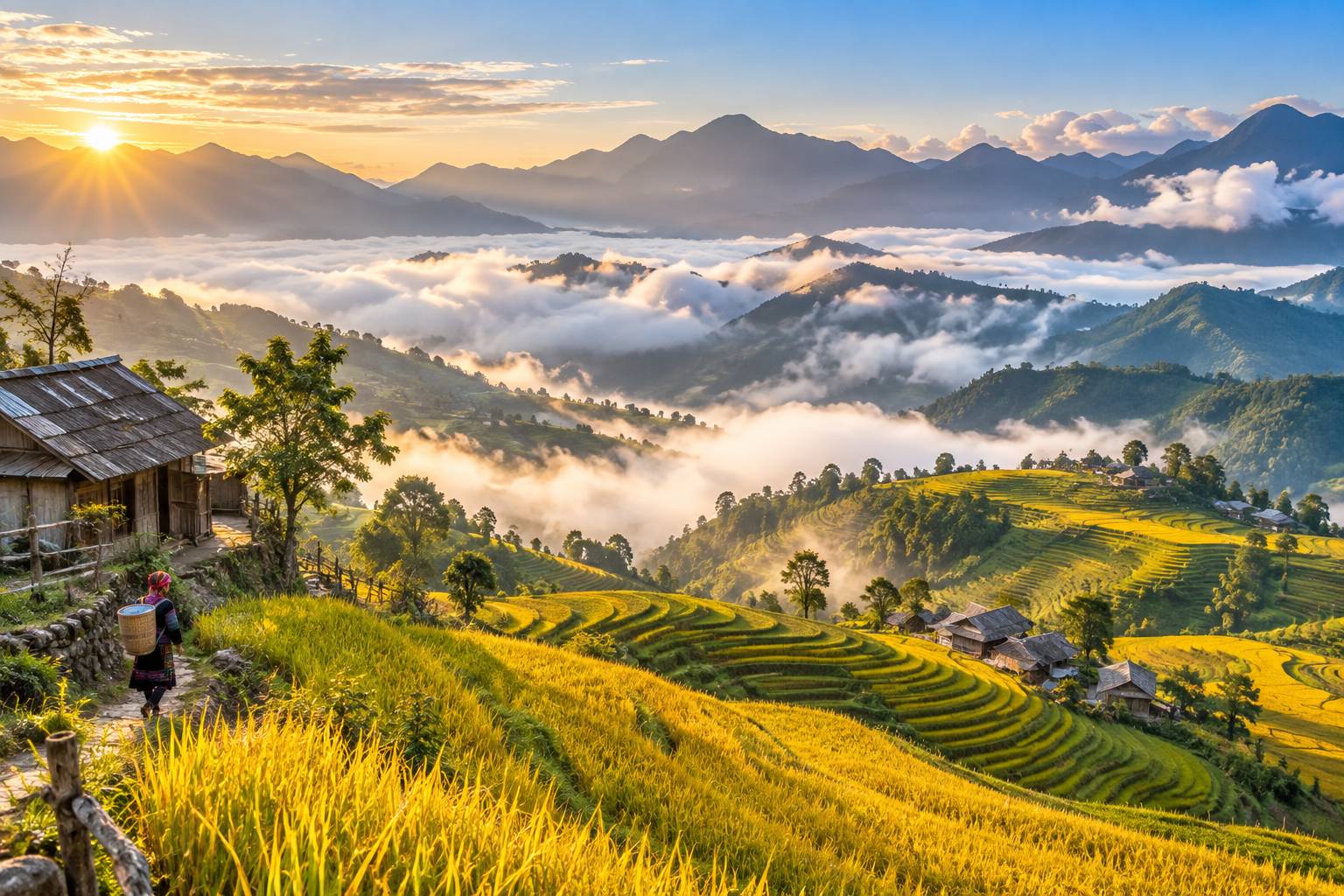 Những thửa ruộng bậc thang chín vàng rực rỡ uốn lượn quanh các sườn đồi tạo nên một bức tranh phong cảnh vô cùng mãn nhãn